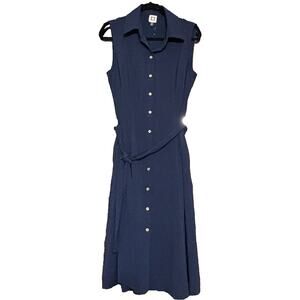 New Anne Klein Long Button Sleeveless Dress Sz 10 Tie Stretch Navy Blue Coastal